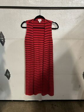 LuLaRoe Sleeveless Red & Black Striped Long Cardigan